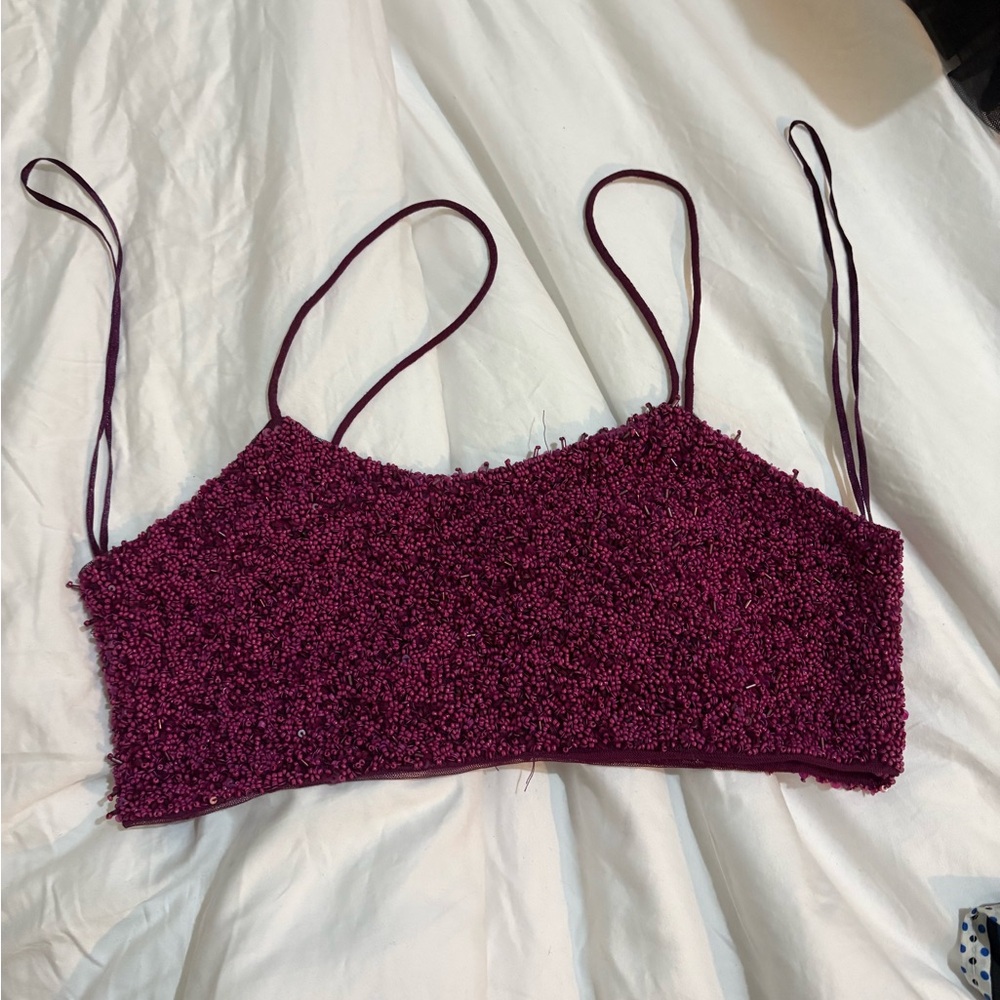 Zara beaded Elegant Burgundy Textured Women's Top